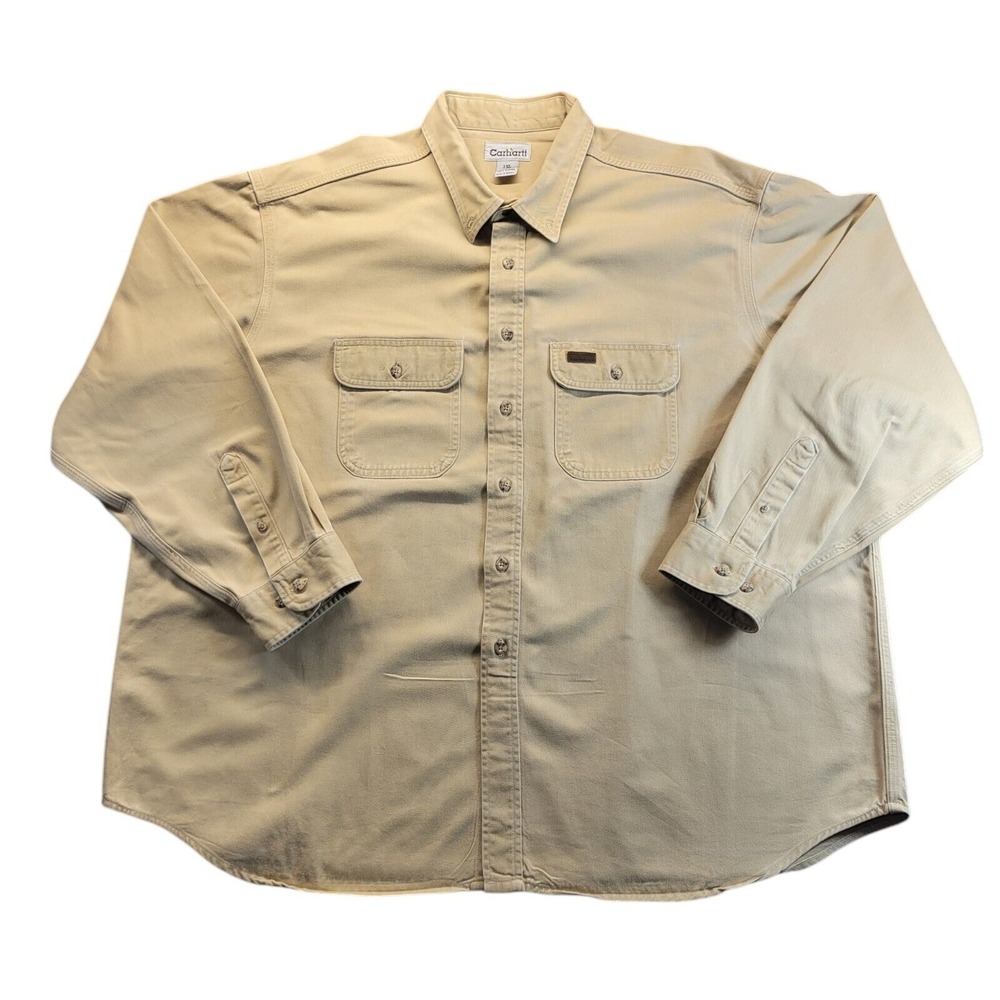Vtg Carhartt Tan Twill Denim Heavyweight Button‎ Up Work Shirt Mens 3XLT Tall